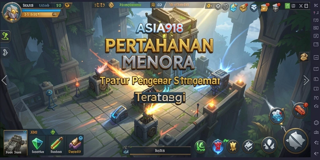 Tangkapan layar utama ASIA918 menampilkan aksi menara pertahanan yang seru.