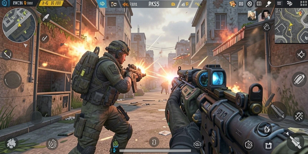 Screenshot dalam gameplay RK55 menampilkan aksi menembak yang intens dan mendebarkan.