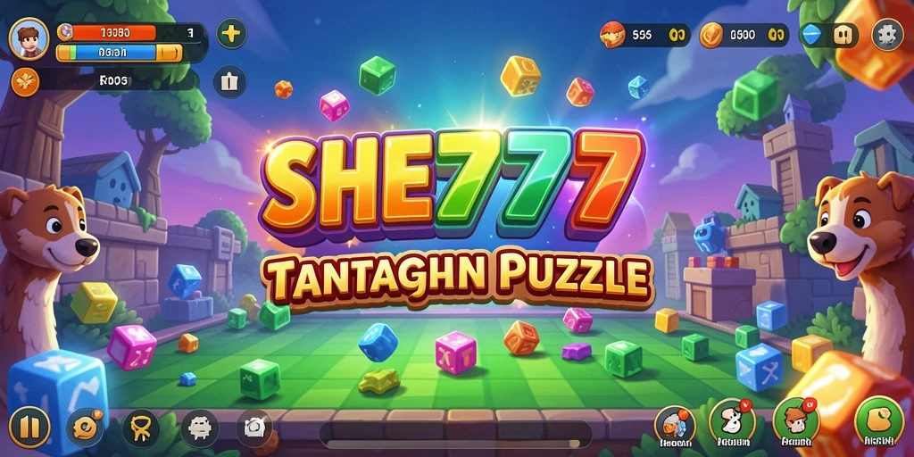 Screenshot gameplay SHE777 yang menunjukkan tantangan Puzzle penuh warna.