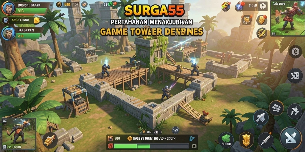 Tampilan gameplay menegangkan dalam SURGA55 dengan berbagai tower pertahanan.