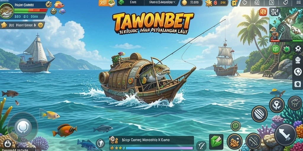 Screenshot gameplay TAWONBET menampilkan aksi memancing seru di lautan.