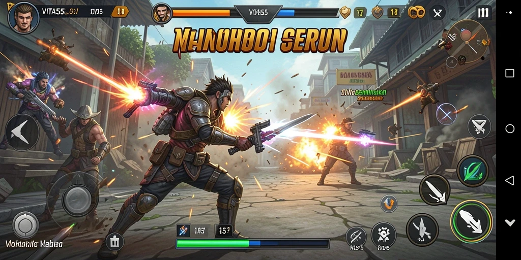Tampilan gameplay seru dengan karakter bertarung di arena yang mendebarkan.