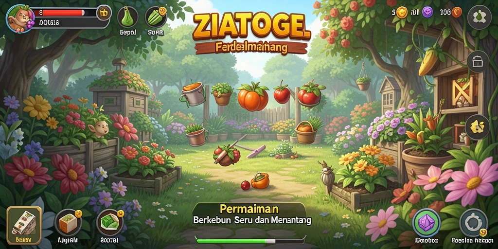 Tampilan gameplay seru dalam ZIATOGEL dengan berbagai jenis tanaman.